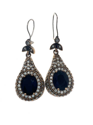 Earrings - 925 Silver Vintage Earrings, Large Sapphire Stones Surrounded by Diamantes - ML2118