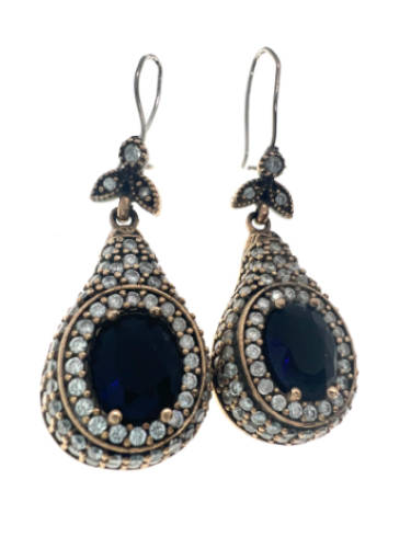 Earrings - 925 Silver Vintage Earrings, Large Sapphire Stones Surrounded by Diamantes - ML2118