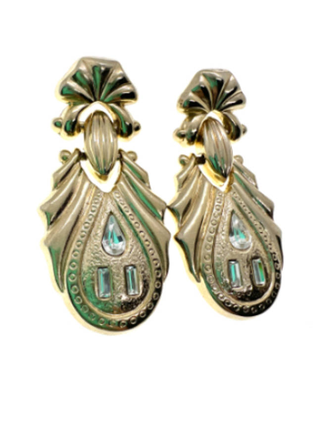 Earrings - Gold Tone Dangle Earrings with 3 Diamantes for Pierced Ears - ML2161