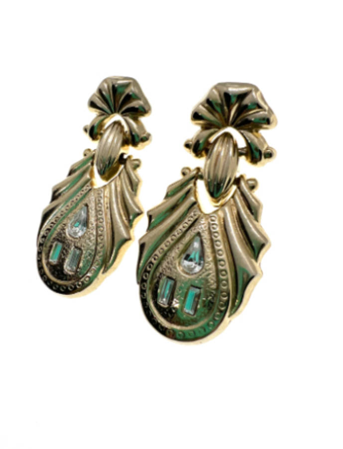 Earrings - Gold Tone Dangle Earrings with 3 Diamantes for Pierced Ears - ML2161