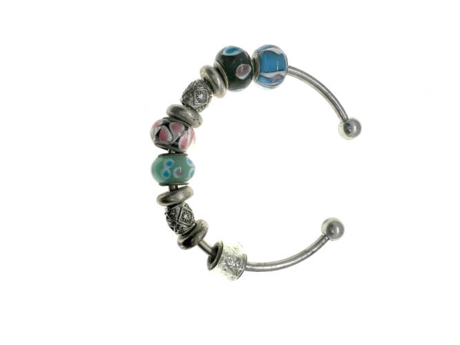 Bangle - Vintage Silver Tone Bangle with Multi-colour Beads and 2 Beads with Diamantes - ML2196