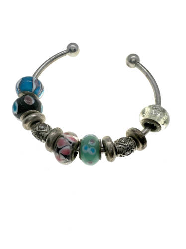 Bangle - Vintage Silver Tone Bangle with Multi-colour Beads and 2 Beads with Diamantes - ML2196
