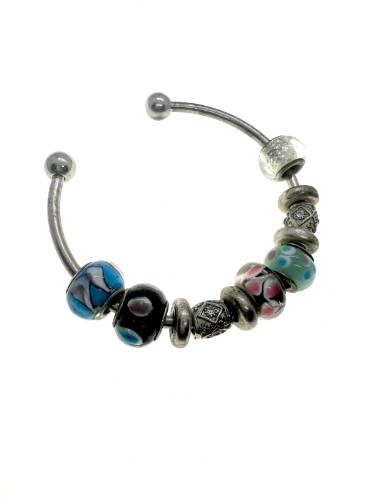 Bangle - Vintage Silver Tone Bangle with Multi-colour Beads and 2 Beads with Diamantes - ML2196