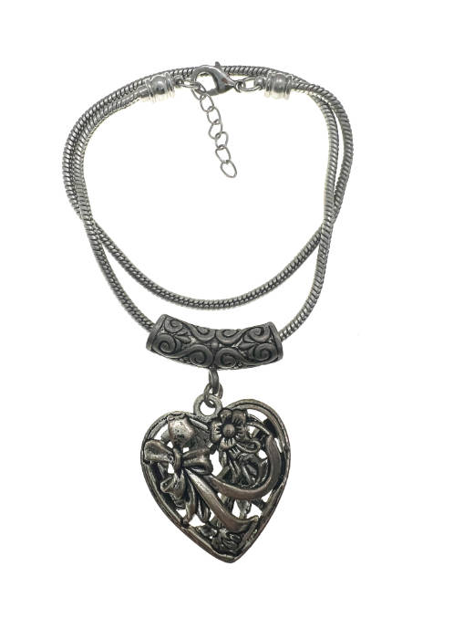Pendant - Dark Silver Tone Chain with Tube. Silver Tone Heart with Floral. Bow Design - ML2208