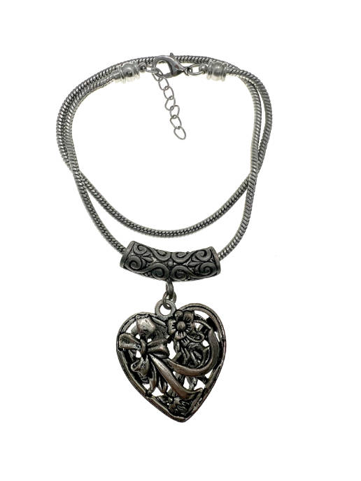 Pendant - Dark Silver Tone Chain with Tube. Silver Tone Heart with Floral. Bow Design - ML2208