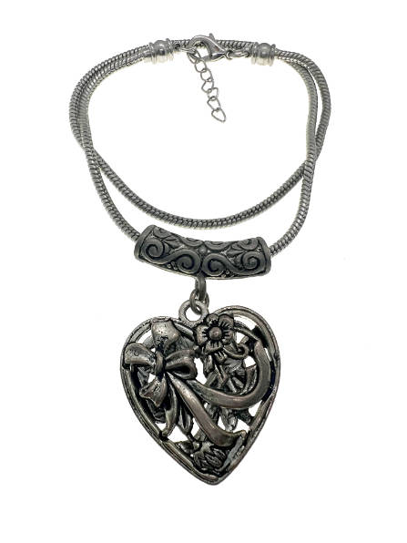 Pendant - Dark Silver Tone Chain with Tube. Silver Tone Heart with Floral. Bow Design - ML2208