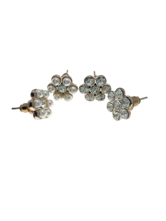 Earrings - Vintage Silver Tone Flower Earrings Set of 2 Diamantes and Pearly Beads - ML2212