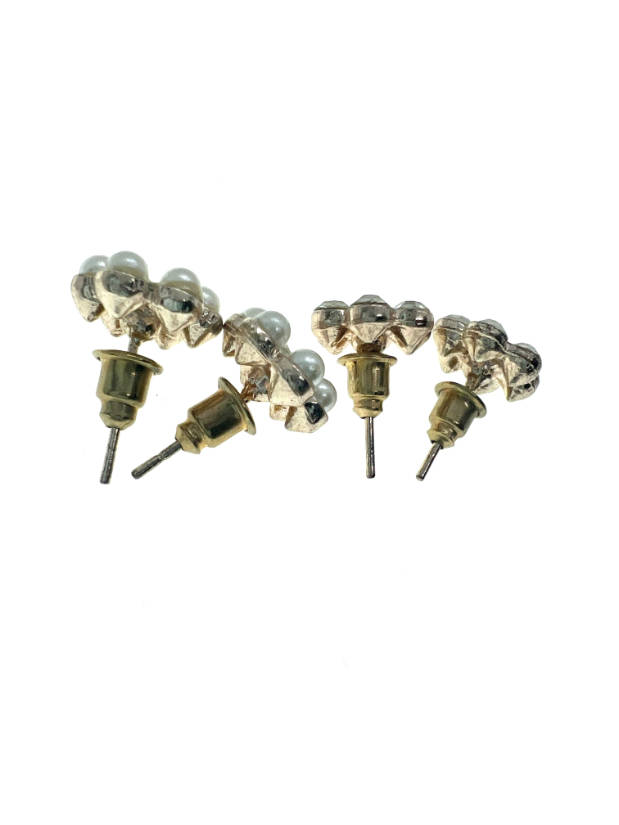 Earrings - Vintage Silver Tone Flower Earrings Set of 2 Diamantes and Pearly Beads - ML2212