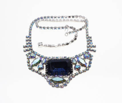 Set - Vintage Silver Tone Blue Diamante Necklace and Earrings with Centre Blue Diamante - ML2279