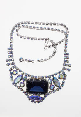Set - Vintage Silver Tone Blue Diamante Necklace and Earrings with Centre Blue Diamante - ML2279