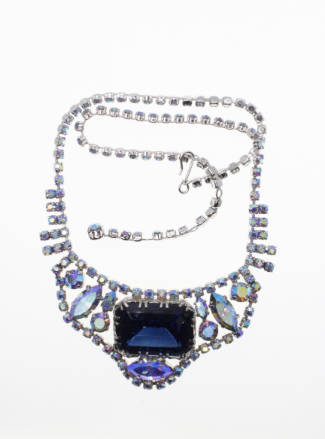 Set - Vintage Silver Tone Blue Diamante Necklace and Earrings with Centre Blue Diamante - ML2279
