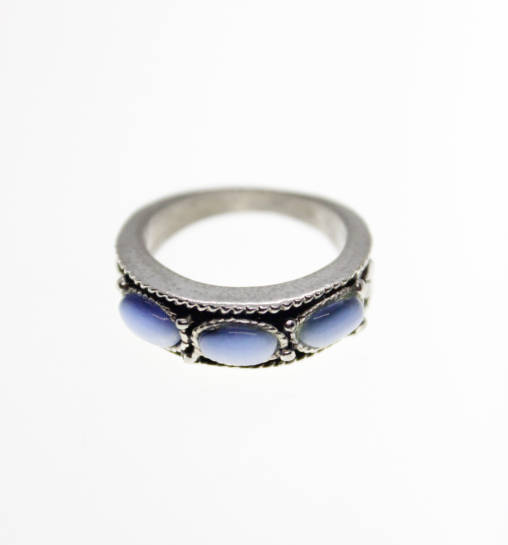 Ring - Vintage Silver Tone Ring with 3 Silver Blue Gemstones and Filigree Border - ML2287