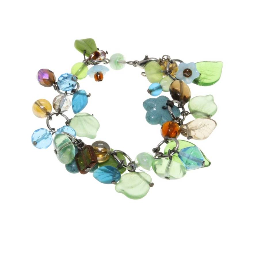 Bracelet - Silver Tone Playful Multi-Coloured Beaded Bracelet. Green, Blue & Brown Beads - ML3123