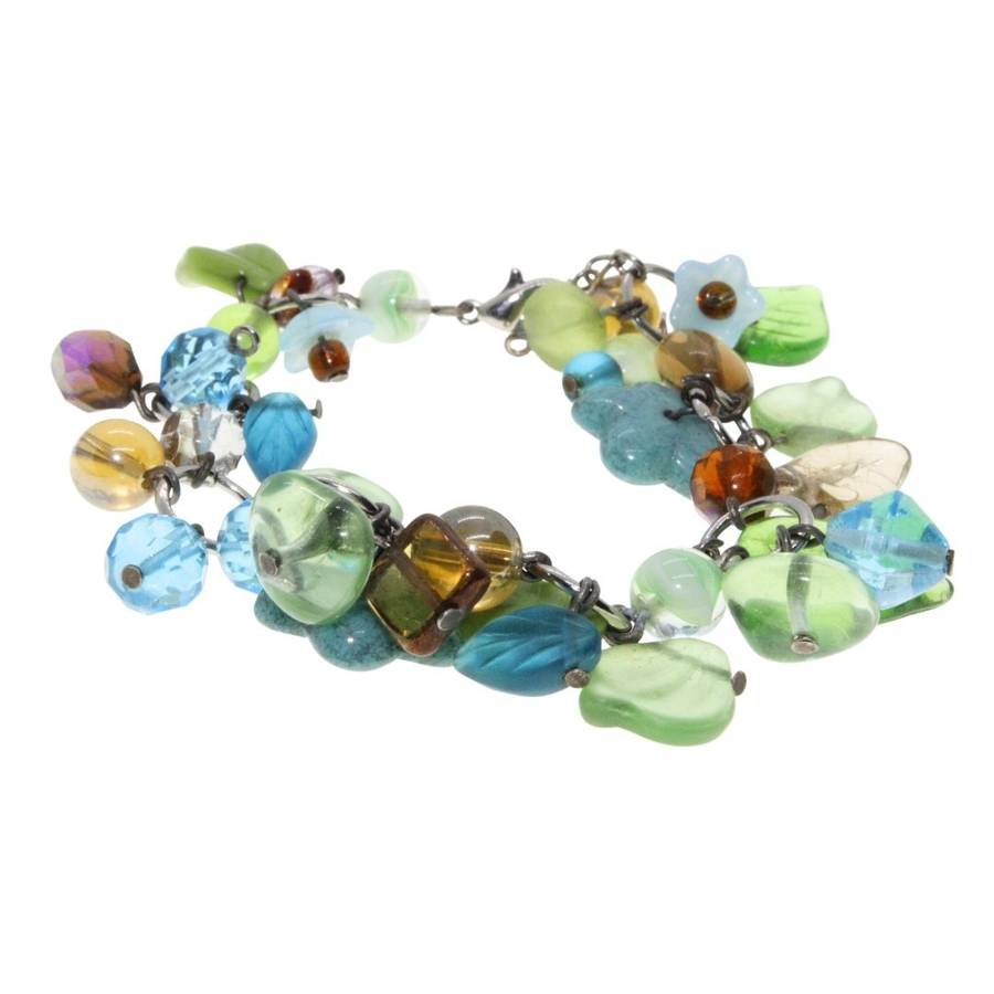 Bracelet - Silver Tone Playful Multi-Coloured Beaded Bracelet. Green, Blue & Brown Beads - ML3123