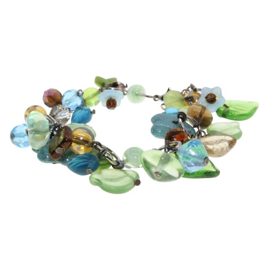 Bracelet - Silver Tone Playful Multi-Coloured Beaded Bracelet. Green, Blue & Brown Beads - ML3123