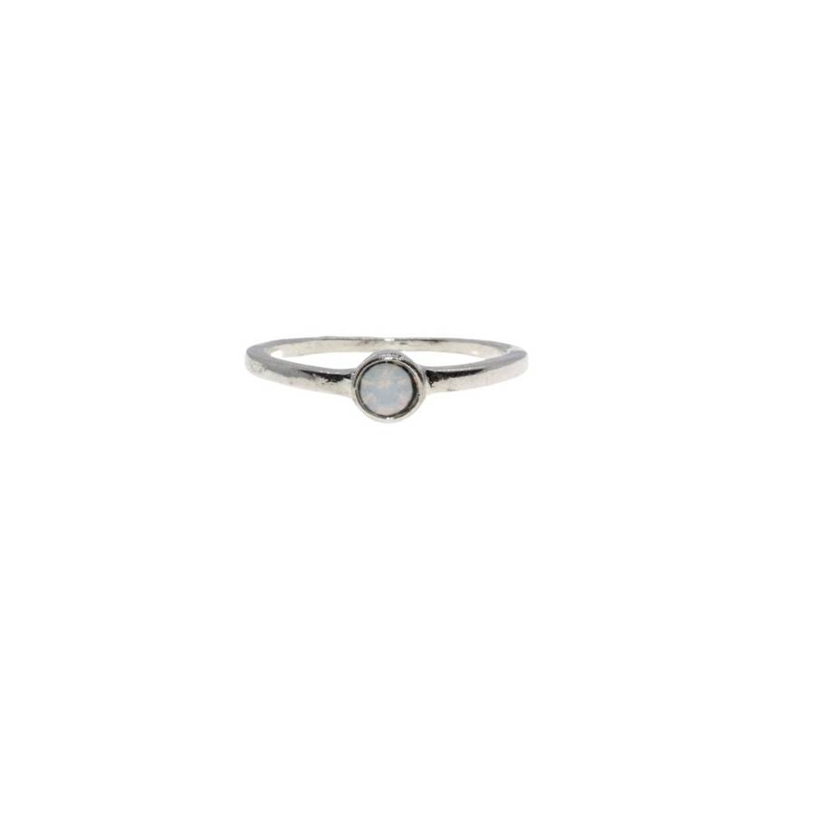 Ring - Silver Tone Dainty Band with Milky White Small Center Rhinestone - ML3128