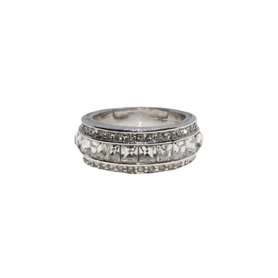 Ring - Silver Tone Chunky Band. Large Square Diamantes surrounded by Small Diamantes - ML3134