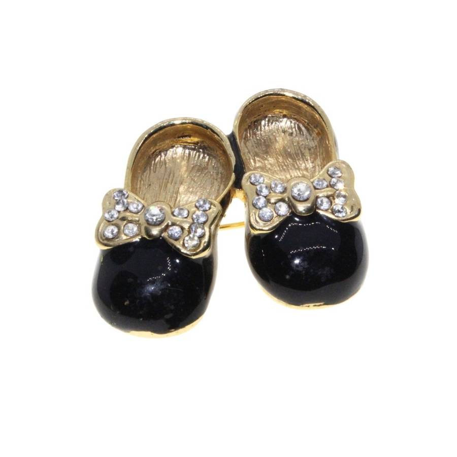Brooch - Gold Tone Beautifully Designed Dainty Doll Shoes. Black Enamel with Diamantes - ML3138
