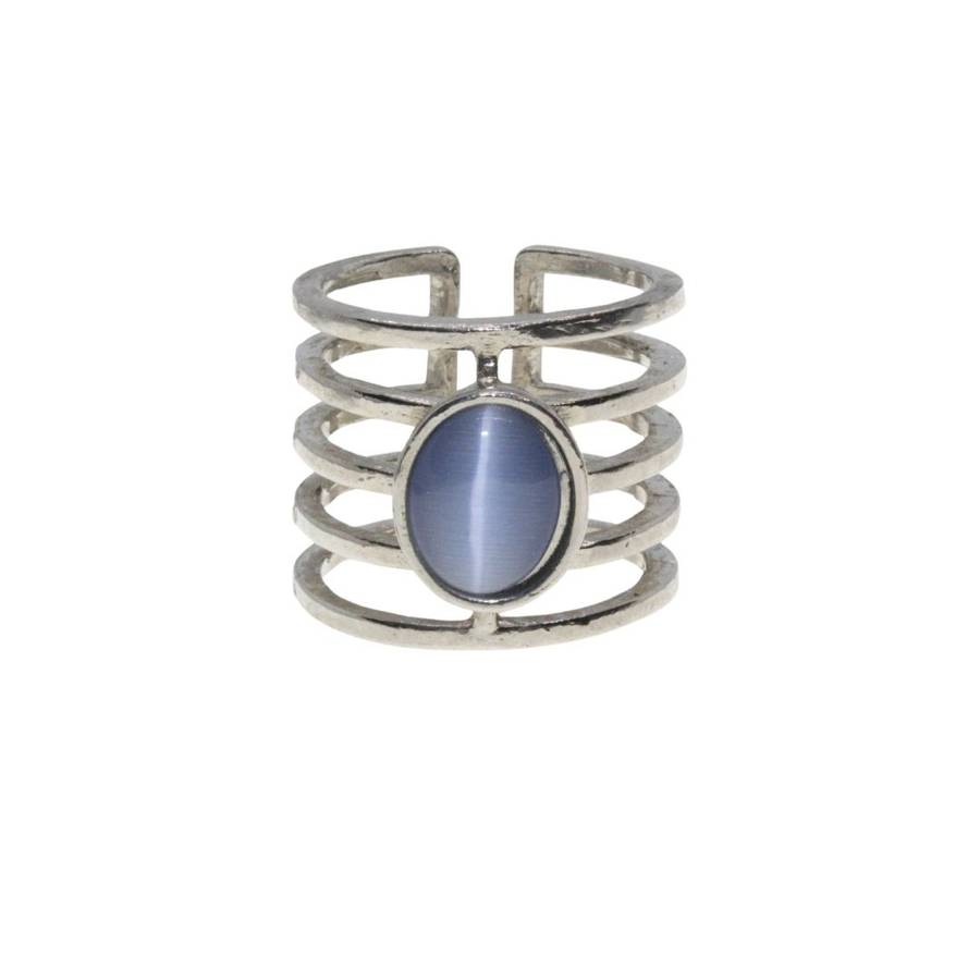 Ring - Silver Tone 5 Strand Wide Band with Milky Blue Centre Stone - ML3139