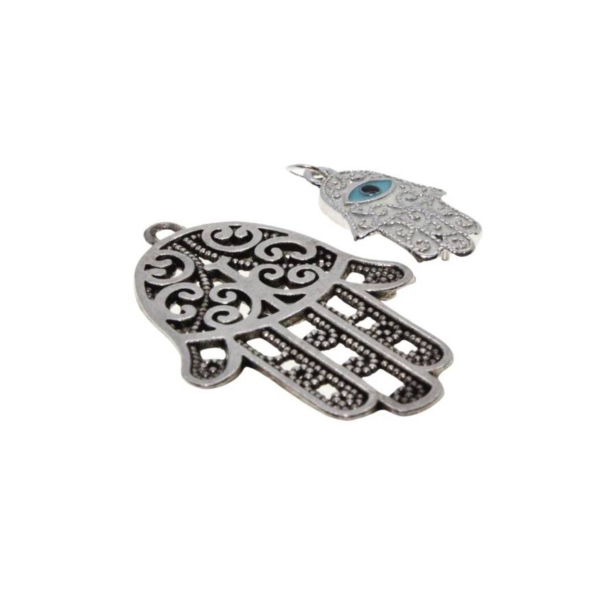 Pendant - 2 x Silver Tone Detailed Hamsa Hands. White & Blue Enamel. Detailed Design - ML3144