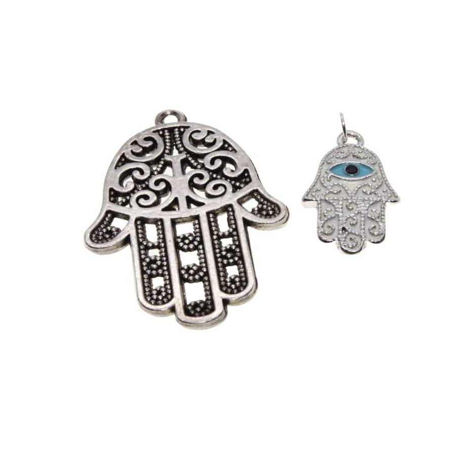 Pendant - 2 x Silver Tone Detailed Hamsa Hands. White & Blue Enamel. Detailed Design - ML3144