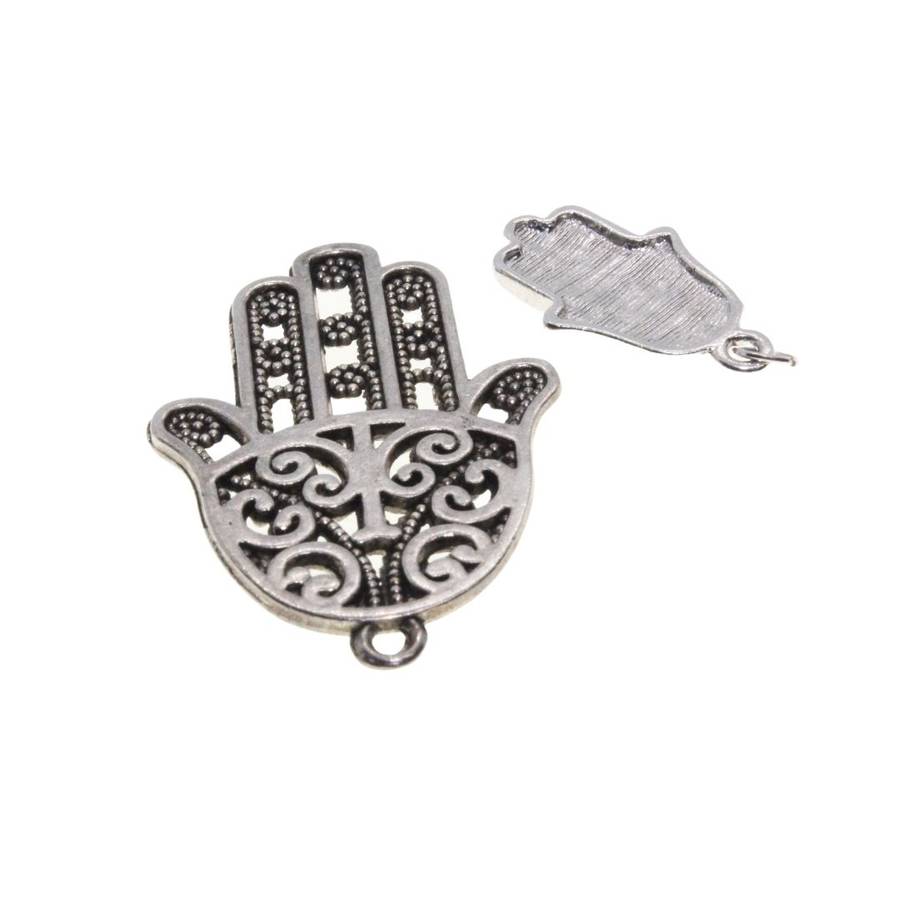 Pendant - 2 x Silver Tone Detailed Hamsa Hands. White & Blue Enamel. Detailed Design - ML3144