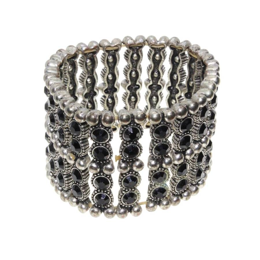 Bracelet - Silver Tone Chunky Wide Expandable Band surrounded with Black Beads - ML3148