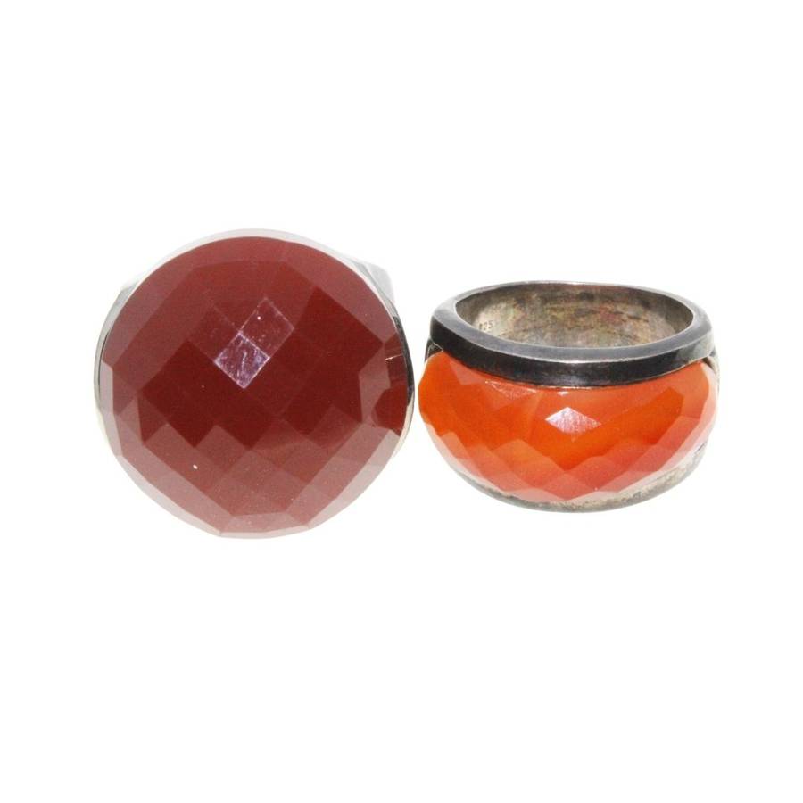 Ring - 925 Silver & Gun Metal Tone Wide Chunky Band. Large Burned Orange & Red Centre Stones - ML...