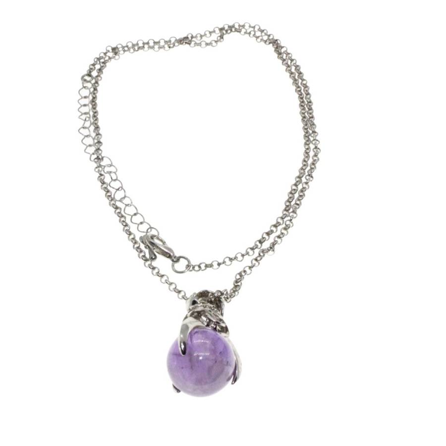 Necklace - Silver Tone Chain with Amethyst Ball with Silver Dragon Claw - ML3181