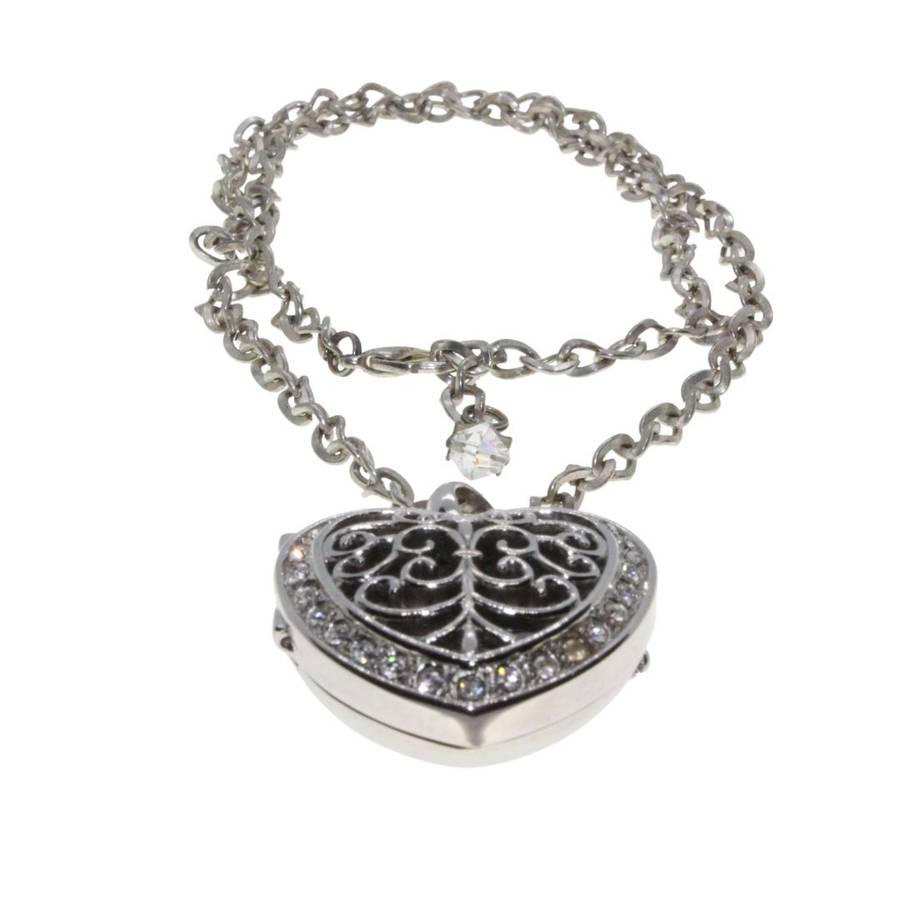 Necklace - S Tone Heart Watch with Diamantes & Filigree Design (No battery) S Steel back. Chain. ...