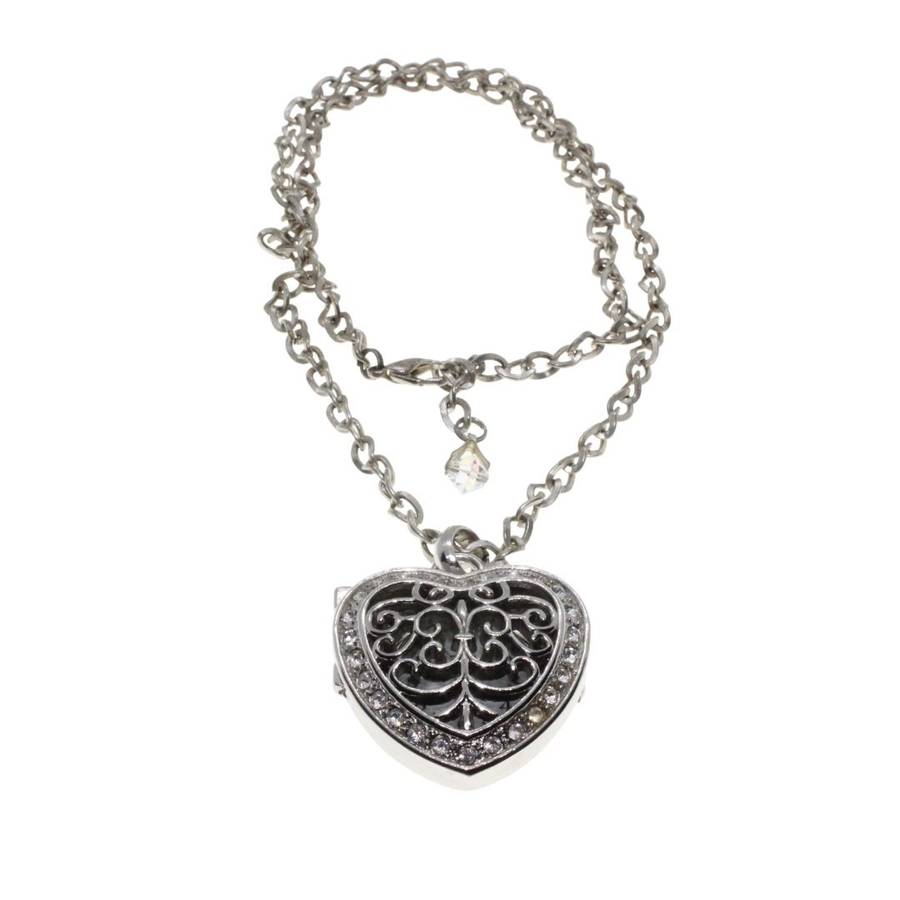Necklace - S Tone Heart Watch with Diamantes & Filigree Design (No battery) S Steel back. Chain. ...