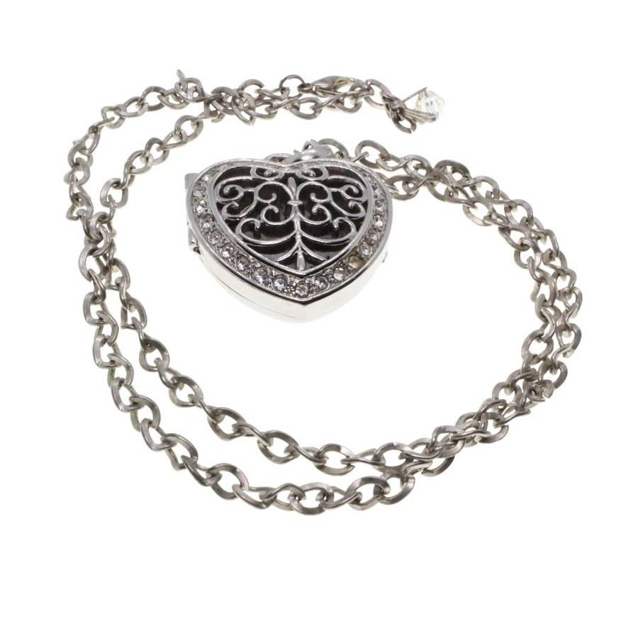 Necklace - S Tone Heart Watch with Diamantes & Filigree Design (No battery) S Steel back. Chain. ...