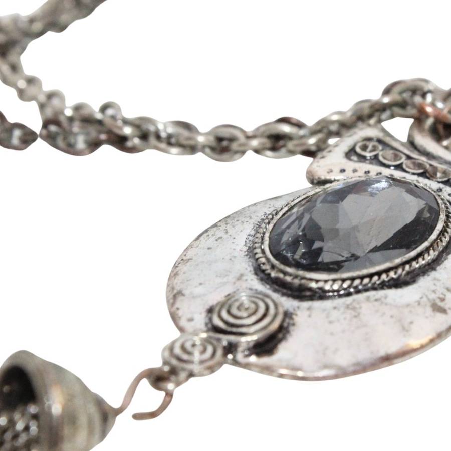 Necklace - Silver Tone Chain with Extravagant Pendant. Black Rhinestone. Slightly Tarnished - ML3209