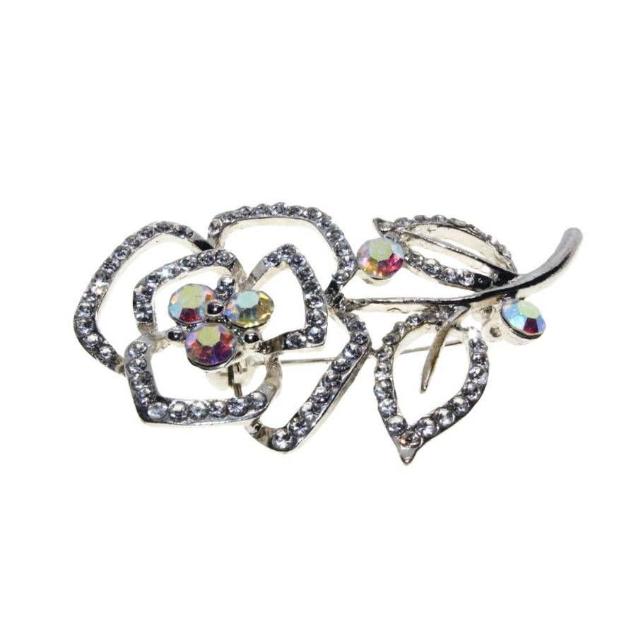 Brooch - Silver Tone Beautiful Rose Shape Surrounded by Diamantes. 5 Clear Pink Rhinestones - ML3340