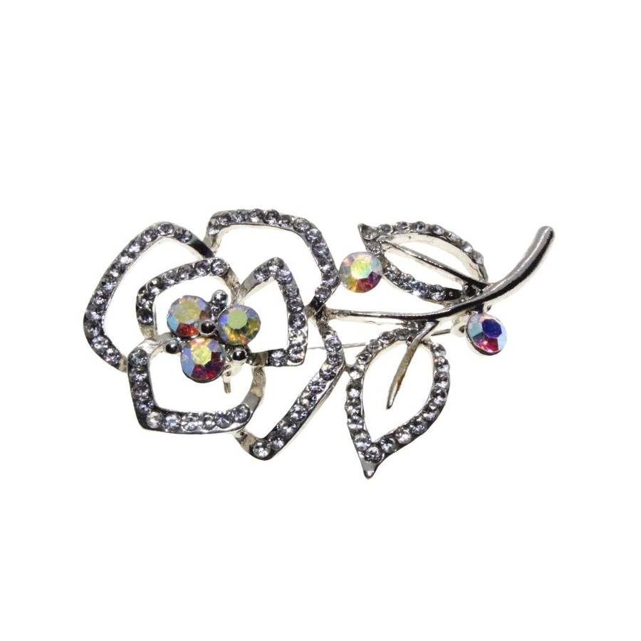 Brooch - Silver Tone Beautiful Rose Shape Surrounded by Diamantes. 5 Clear Pink Rhinestones - ML3340