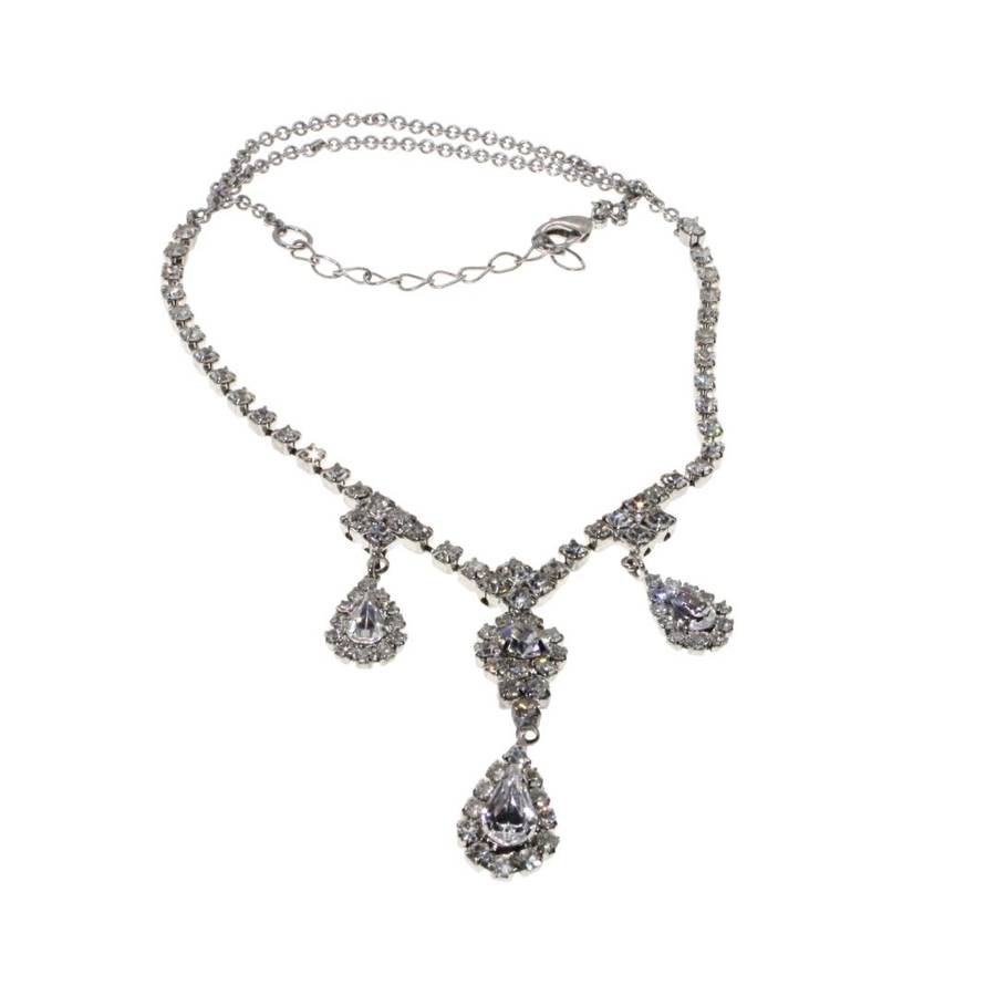 Necklace - Silver Tone Choker. Rhinestones with hanging Pearldrop shape Rhinestones - ML3375