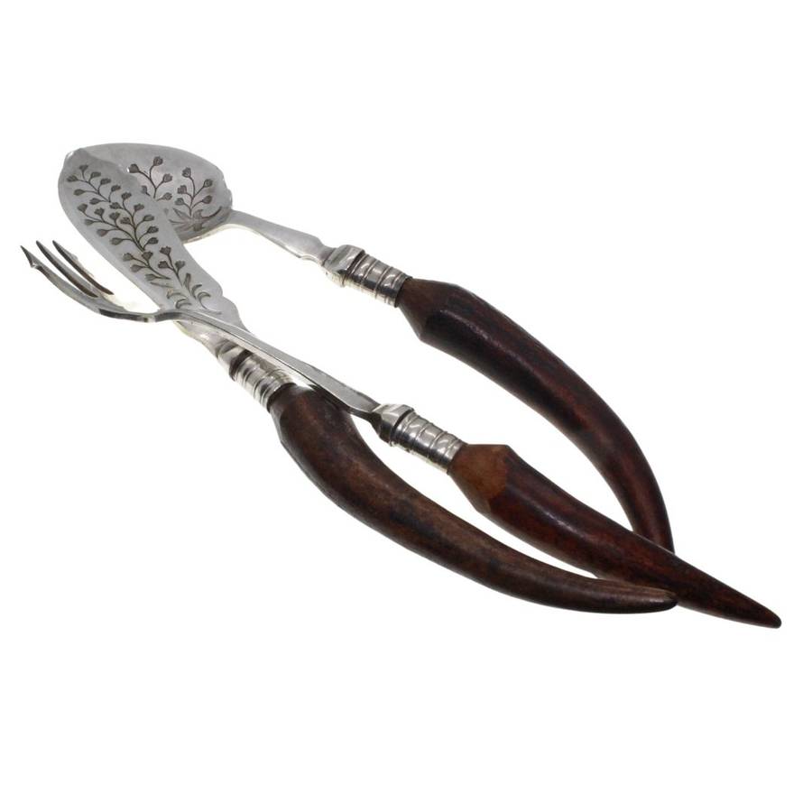 Set - Antique EPNS Pickle Fork, Spreading Knife, Spoon. Staghorn Shape Handles. Orig Box. - ML3430