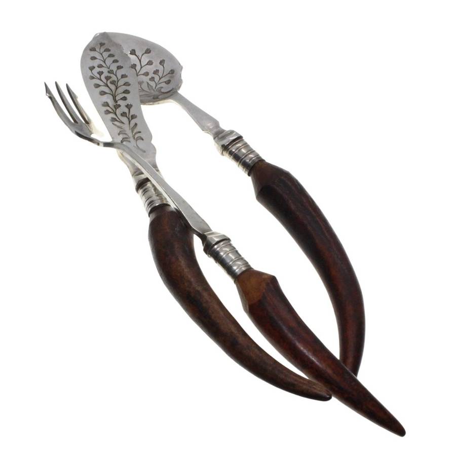 Set - Antique EPNS Pickle Fork, Spreading Knife, Spoon. Staghorn Shape Handles. Orig Box. - ML3430