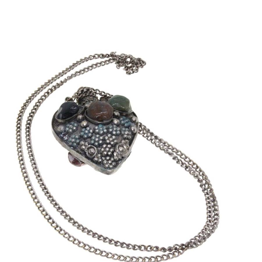 Necklace - Silver Tone Antique Perfume Bottle with gem stones and silver designs - ML3451
