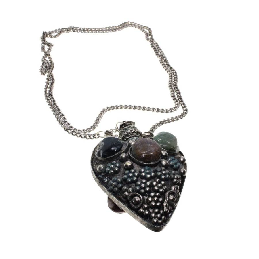 Necklace - Silver Tone Antique Perfume Bottle with gem stones and silver designs - ML3451