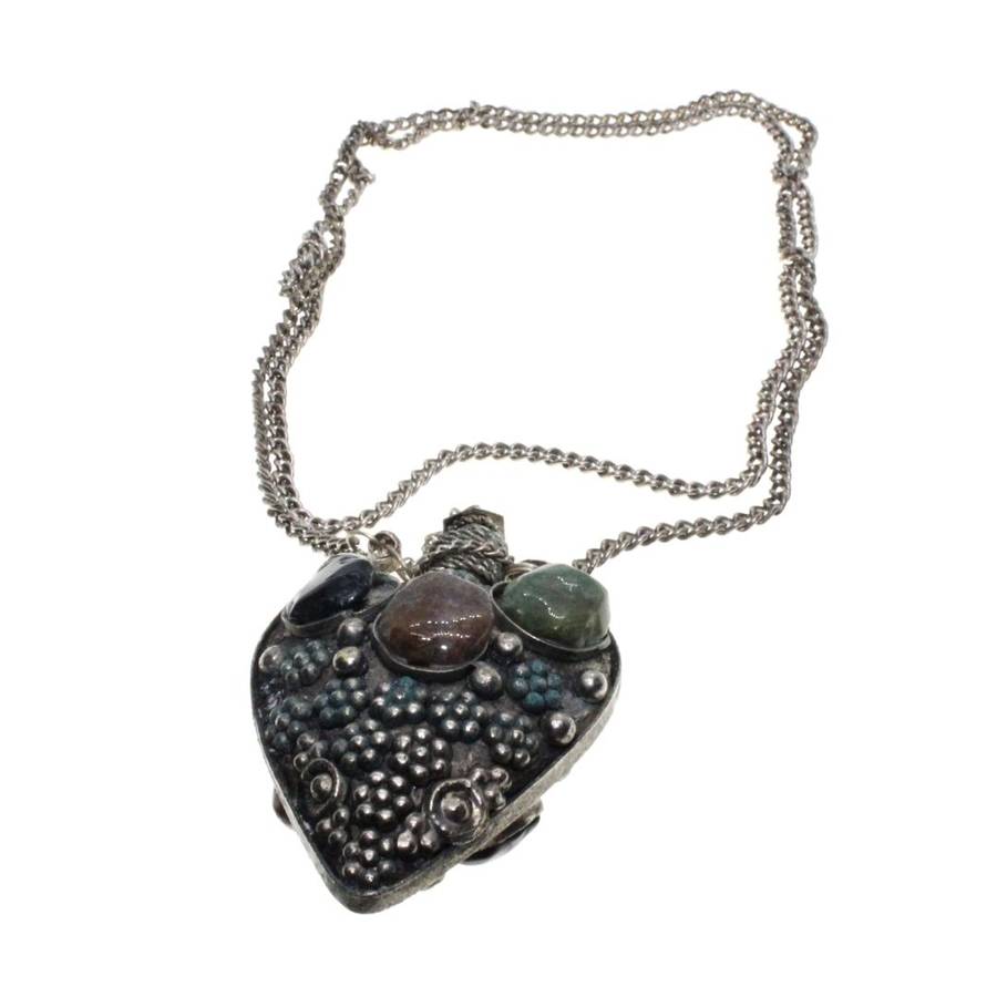 Necklace - Silver Tone Antique Perfume Bottle with gem stones and silver designs - ML3451