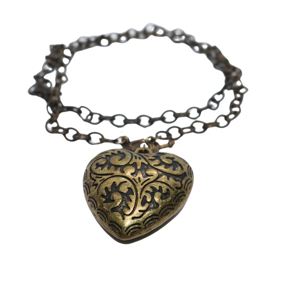 Pendant - Brass Tone ,large heart with engraved design with metal chain - ML3628