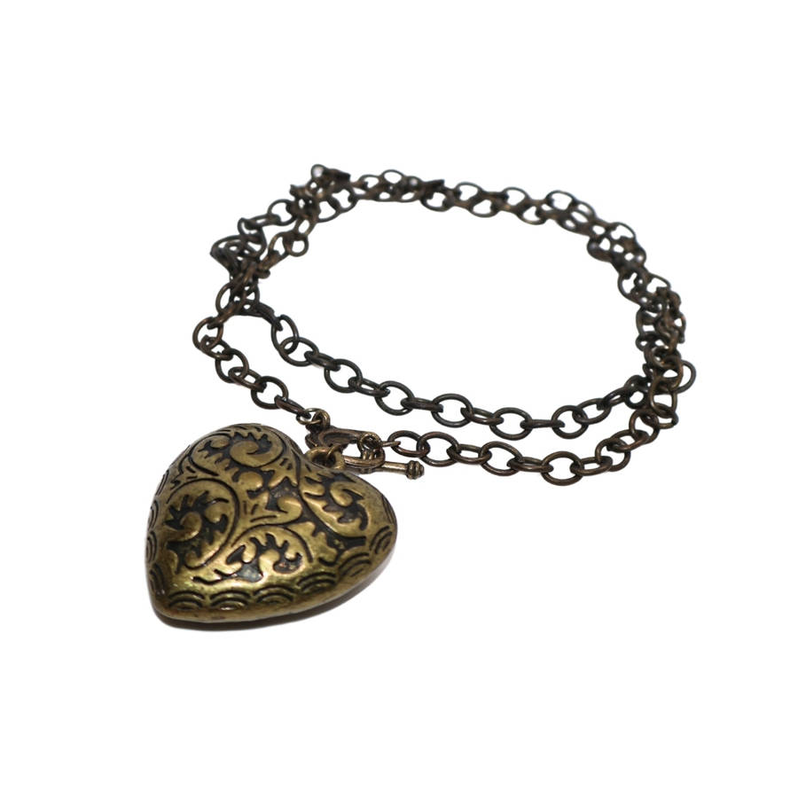 Pendant - Brass Tone ,large heart with engraved design with metal chain - ML3628
