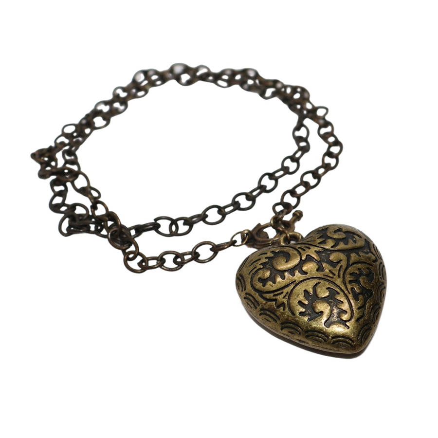 Pendant - Brass Tone ,large heart with engraved design with metal chain - ML3628