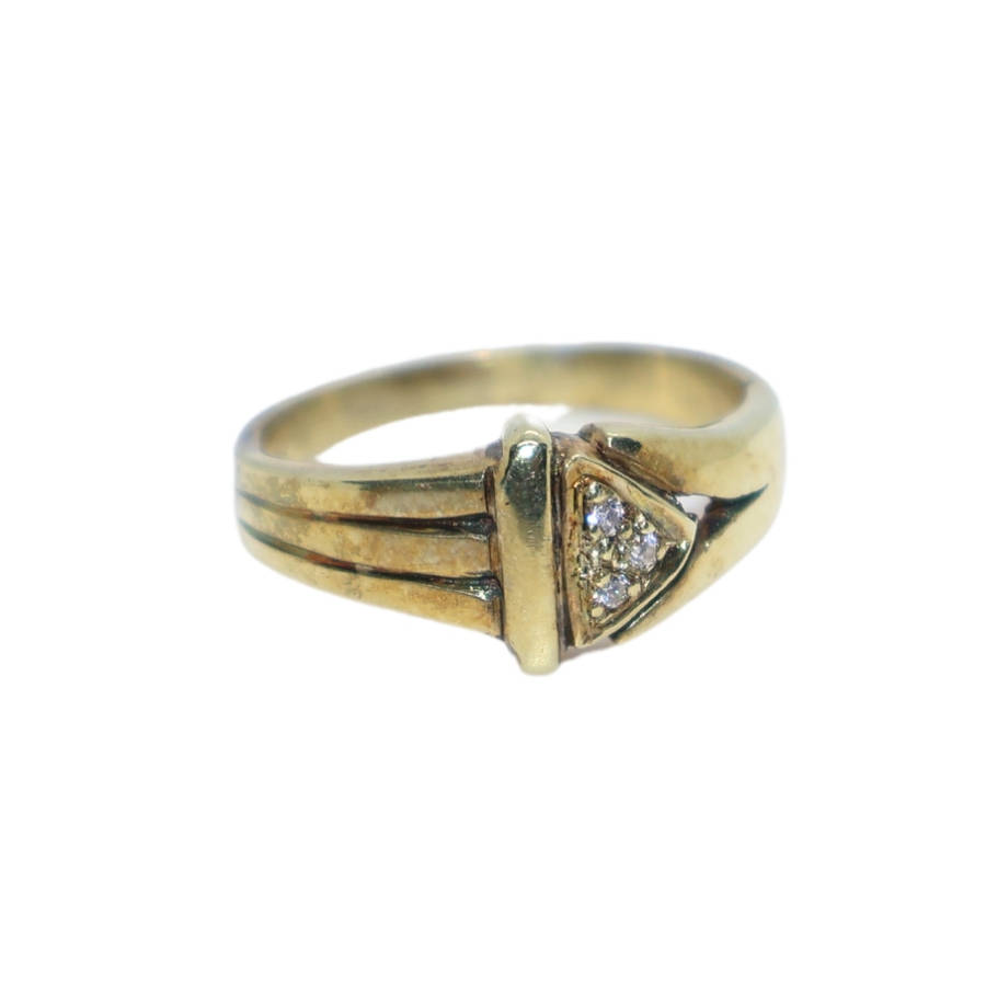 Ring - Silver Gilt . 3 solid band style.  Clear small stones in triangle shape - ML3641