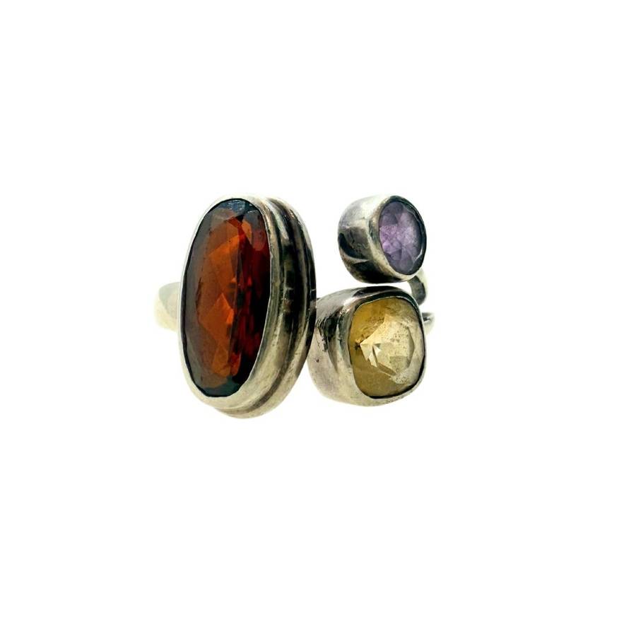 925 Silver Ring With Garnet in Oval Setting, Citrine In Square and Round Amethyst #ML751