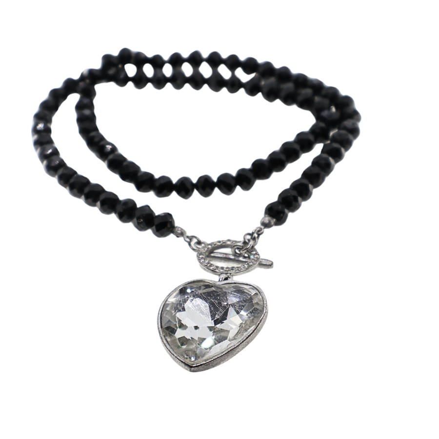 Necklace - Silver ToneBack Crystal Stones with Large Heart. Toggle Clasp - ML3695