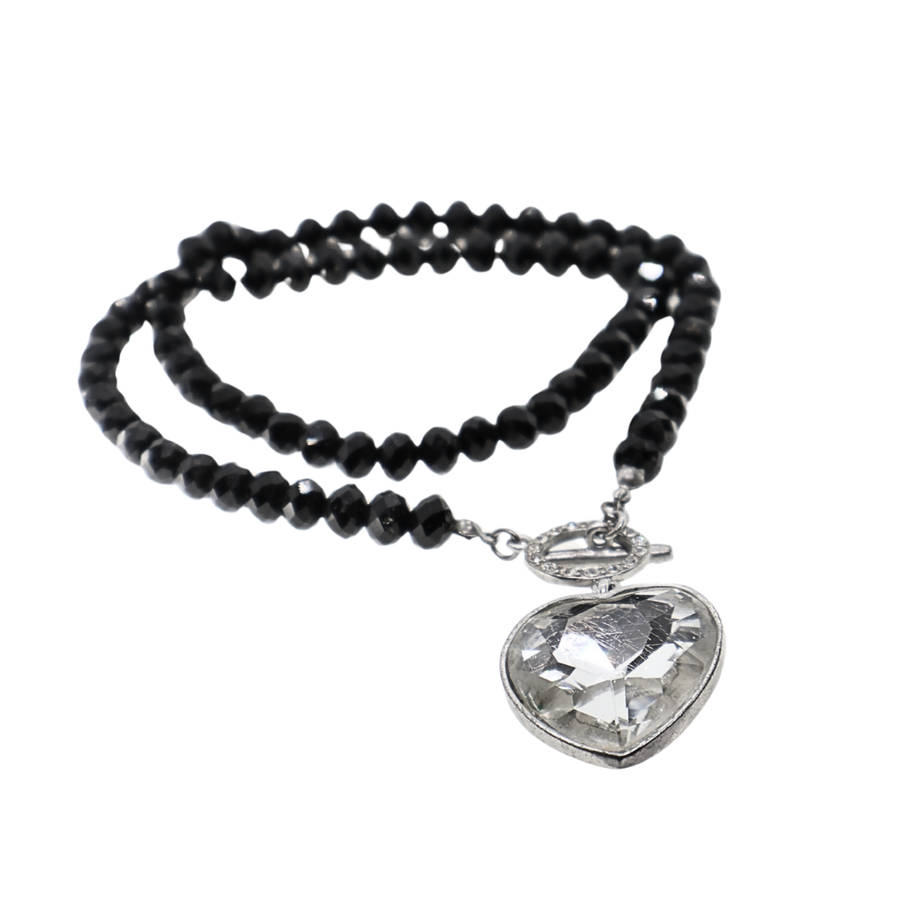 Necklace - Silver ToneBack Crystal Stones with Large Heart. Toggle Clasp - ML3695