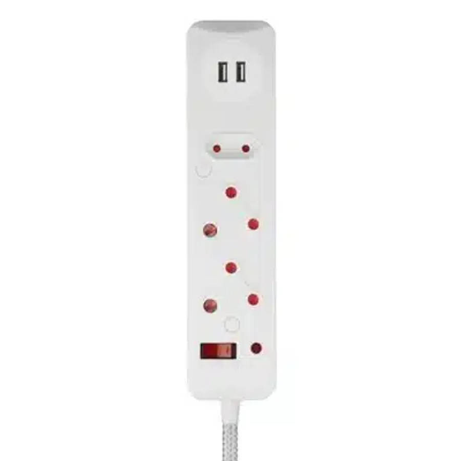 SWITCHED 3 Way Medium Surge Protected Multiplug with Dual 2.4A USB Ports 0.5M Braided Cord White
