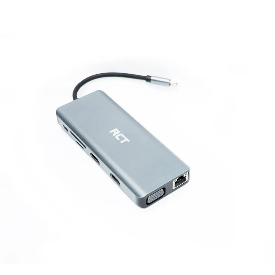 RCT compact 12-in-1 hub with 2 HDMI; 1 VGA; 3 USB3.0; 1 USB 2.0; 1 RJ45